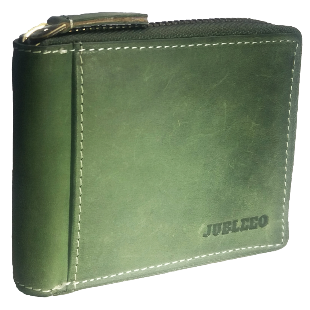 Jubleeo Leather Round Zipper Green Pocket Mens Wallet