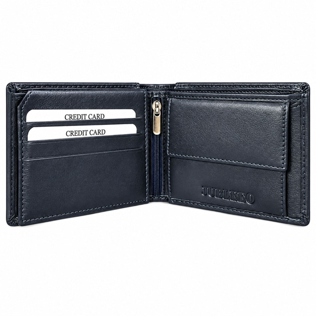 Jubleeo leather bifold middle zipper mens wallet blue