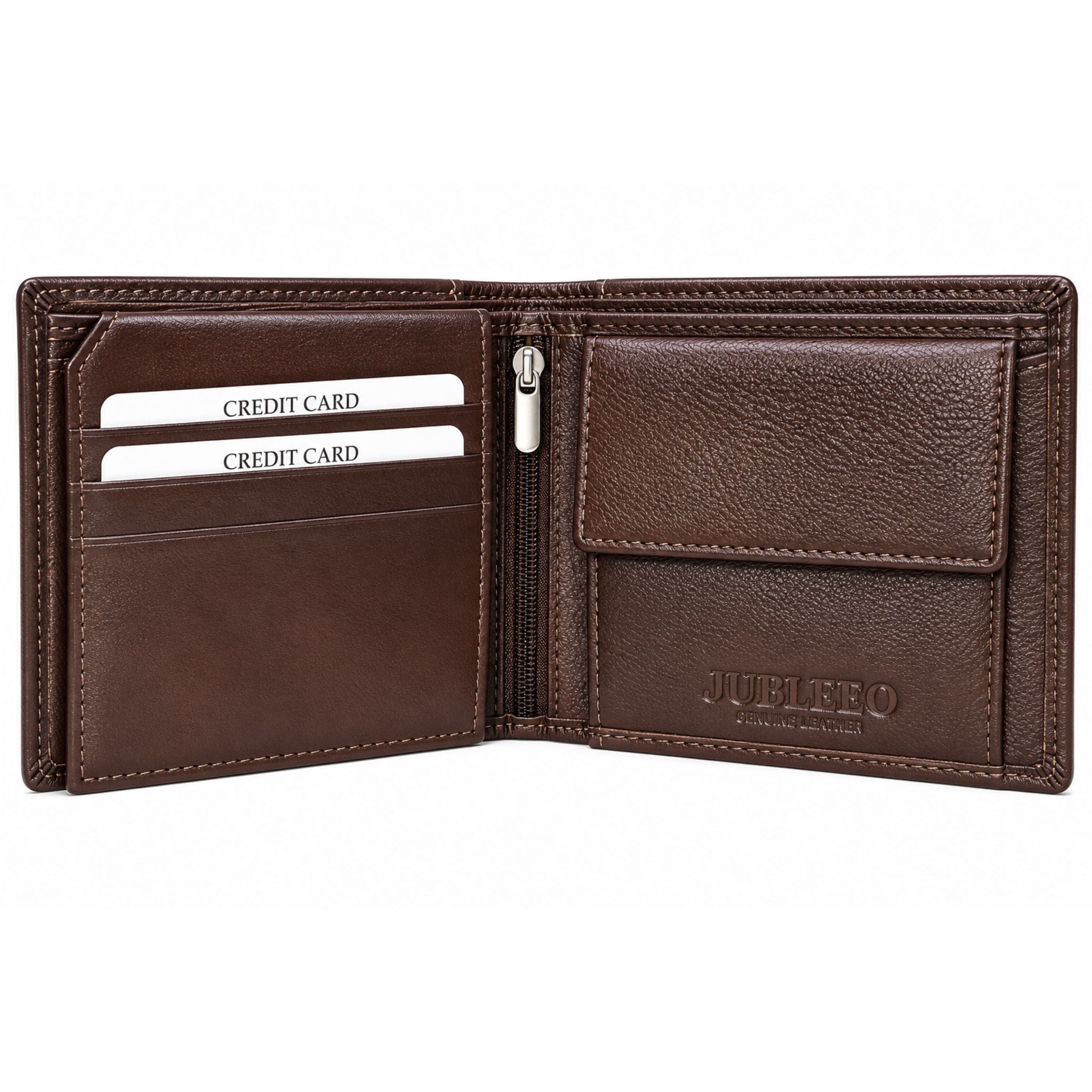 Jubleeo leather bifold middle zipper mens wallet brown