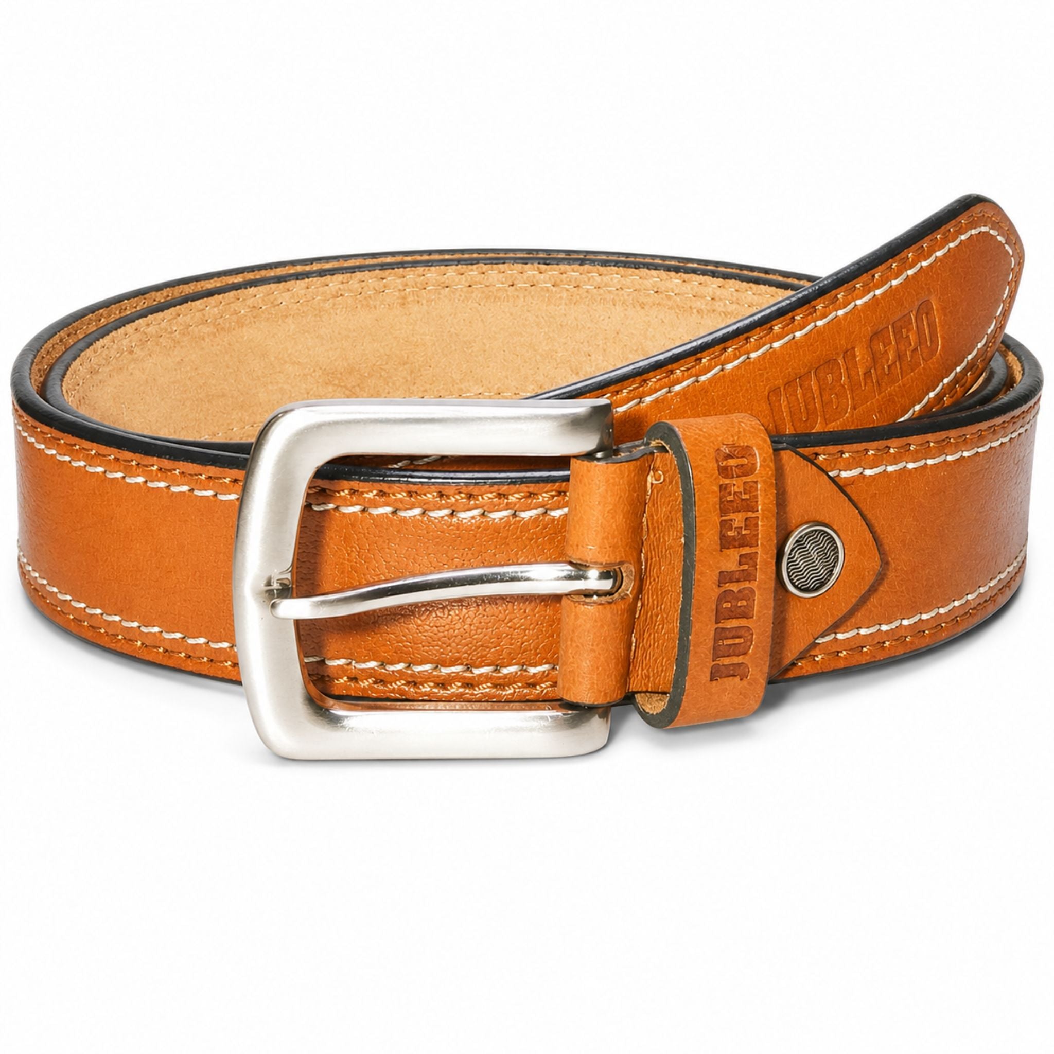 Jubleeo leather stitched casual mens belt tan