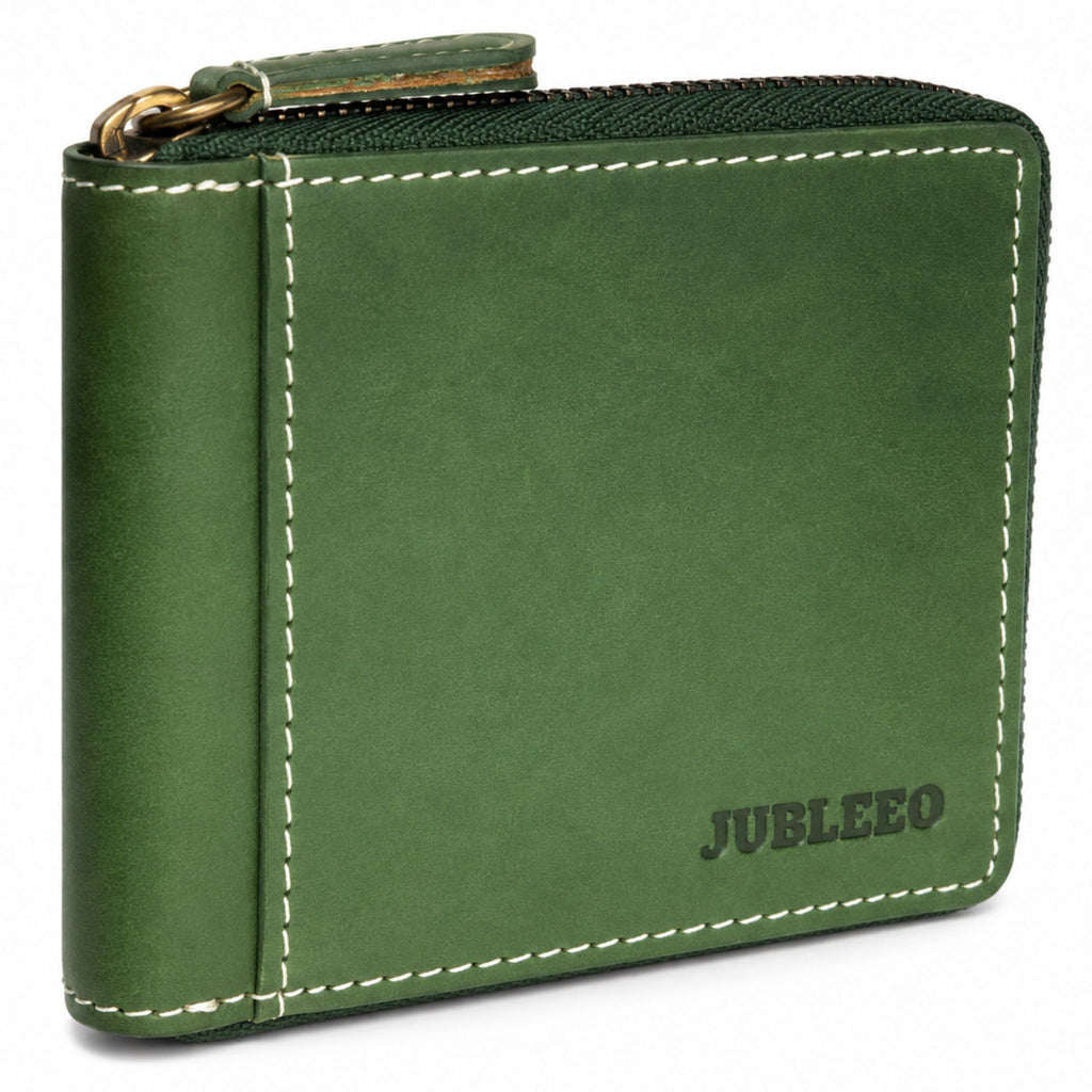jubleeo leather bifold round zipper mens wallet green